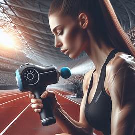 Un athlète utilisant un pistola masaje avant une compétition ou un entraînement, insistant sur l